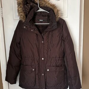 DKNY Chocolate Puffer Coat with Faux Fur Trim